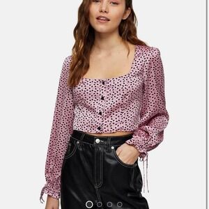 Topshop Pink Heart Print Long Sleeve Button Front Crop Top US‎ 6